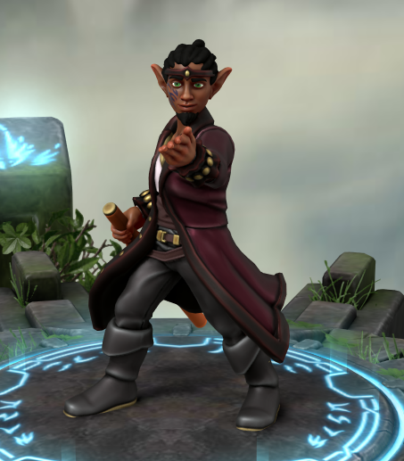 Garvyn Eventide Hero Forge mini showing a black elf male with a medium skin tone, green eyes, a purple face mark, black hair braided back, small black goatee, dark magenta robe, a matching circlet, black pants, back boots, right hand on a sword cane, left hand reaching out in front.